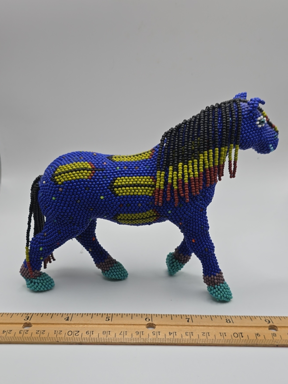 Handmade Blue Beaded Horse Figurine with Yellow Accents